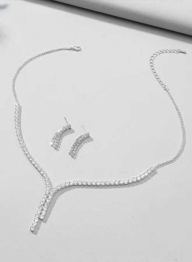 3 Pcs Zircon Necklace Earrings Set Ear Drop Dangle Diamond Bridal Dress Accessories for Women Silver/Clear - Image 2