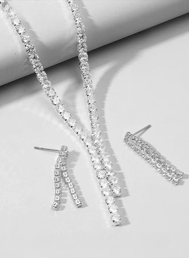 3 Pcs Zircon Necklace Earrings Set Ear Drop Dangle Diamond Bridal Dress Accessories for Women Silver/Clear - Image 3