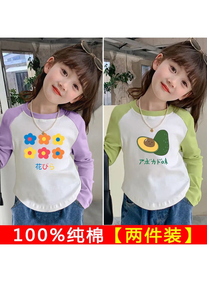 Girls' Spring & Fall New Color-blocked Pure Cotton Long-sleeved T-shirt Baby's Curved Top With Upper And Lower Hem Korean Style Western Style Bottoming Shirt