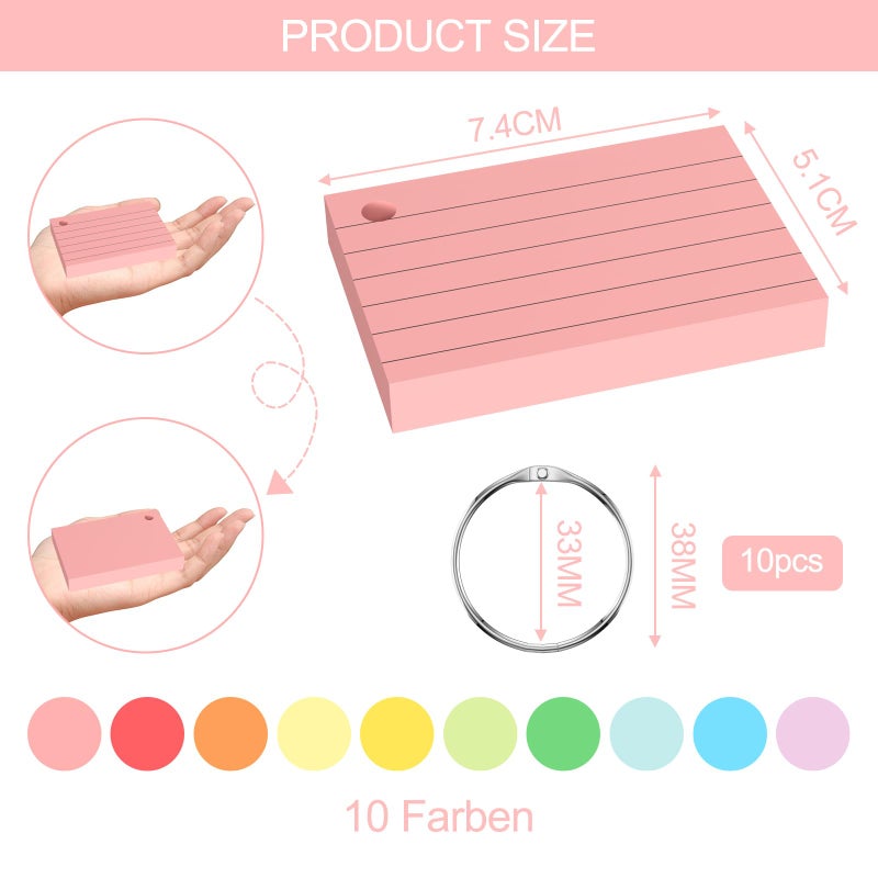 Chiluxendo 1000 Pieces A8 Cards, Vocabulary Cards, Index Cards with 10 Rings Binding, Flash Cards Cardstock, Flashcards, for School Office Home Study Notes (10 Colors) - Image 2