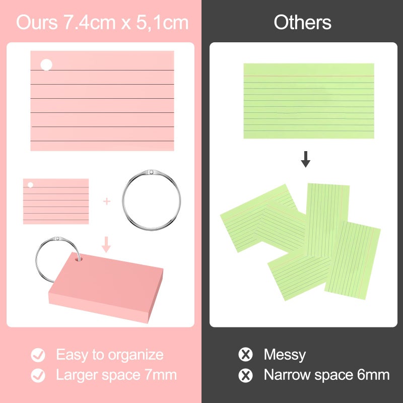 Chiluxendo 1000 Pieces A8 Cards, Vocabulary Cards, Index Cards with 10 Rings Binding, Flash Cards Cardstock, Flashcards, for School Office Home Study Notes (10 Colors) - Image 3