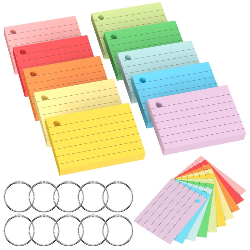 Chiluxendo 1000 Pieces A8 Cards, Vocabulary Cards, Index Cards with 10 Rings Binding, Flash Cards Cardstock, Flashcards, for School Office Home Study Notes (10 Colors) - Image 1