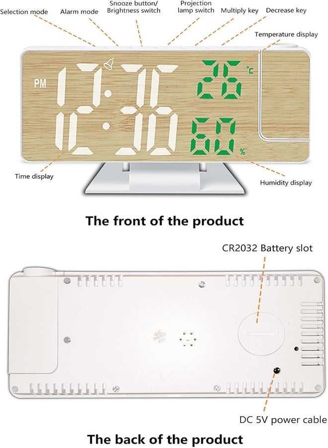 PASHANDOZ Digital Desktop Large Display Wood Pattern LED Alarm Clock with Rotating Projectors and Temperature Humidity Display Snooze Function Digital Smart Alarm Clock with Rotating Projection - Image 2