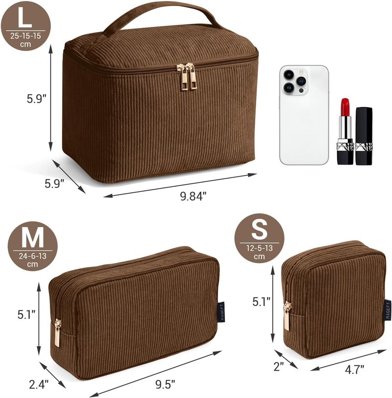 MAGEFY Makeup Bag Corduroy Small Makeup Bag Mini Pouch with Compartments for Handbag Travel Cosmetic Bag for Women, Brown-3pcs, 9.84 x 5.9 x 5.9 inches, Classic - Image 2
