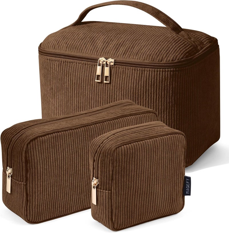 MAGEFY Makeup Bag Corduroy Small Makeup Bag Mini Pouch with Compartments for Handbag Travel Cosmetic Bag for Women, Brown-3pcs, 9.84 x 5.9 x 5.9 inches, Classic - Image 1