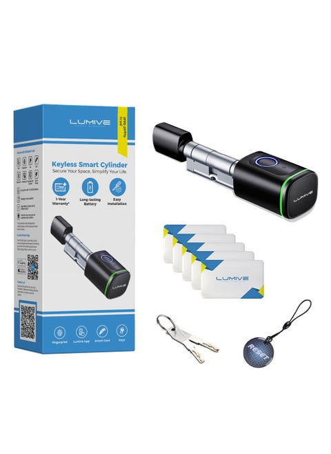 Lumive Smart Door Lock Support Up to 100 Fingerprints, Smart Lock with Remote App Unlocking, 2x RFID Smart Card , Black , 70mm Cylinder, Battery Included