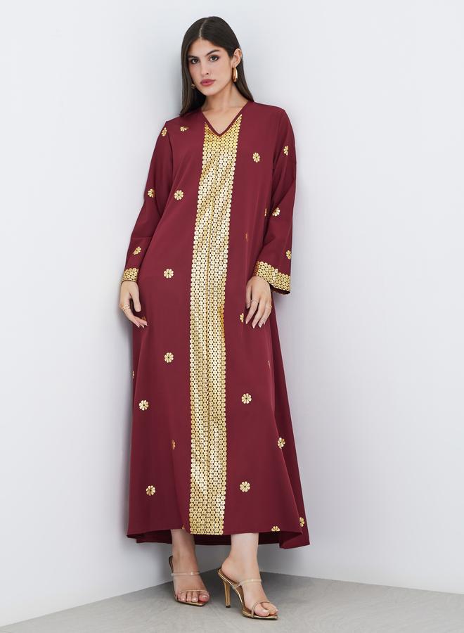 Styli Foil Placement Print V Neck Jalabiya - Image 2