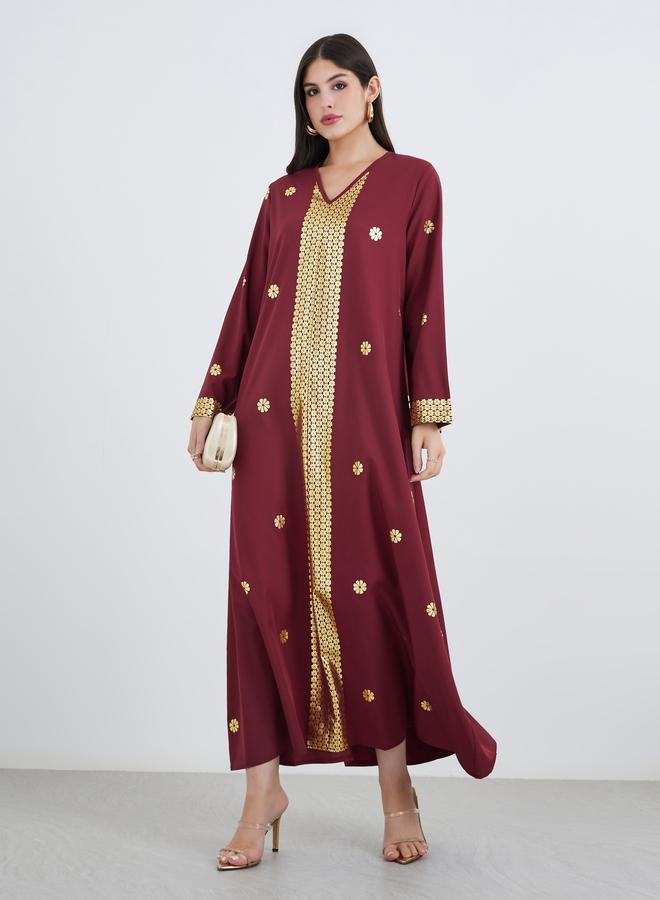 Styli Foil Placement Print V Neck Jalabiya - Image 1