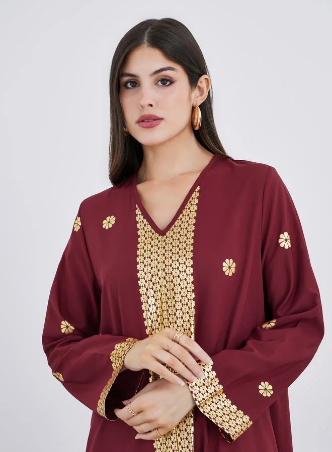 Styli Styli Foil Placement Print V Neck Jalabiya