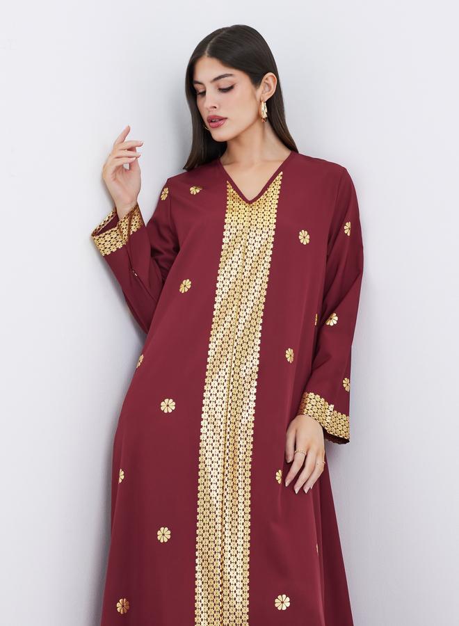 Styli Foil Placement Print V Neck Jalabiya - Image 3