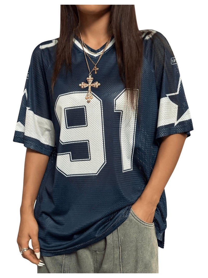 SHENHE Women's Graphic Football Jersey Top V Neck Short Sleeve Loose T Shirt Streetwear Dark Blue Small - Image 1