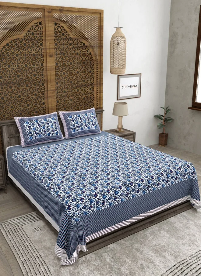 CLOTHOLOGY CLOTHOLOGY Blue & White Printed Pure Cotton 180 TC King Bedsheet Set