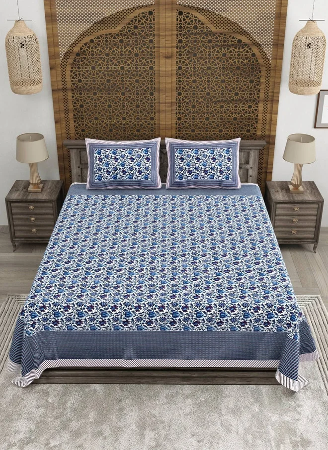 CLOTHOLOGY CLOTHOLOGY Blue & White Printed Pure Cotton 180 TC King Bedsheet Set