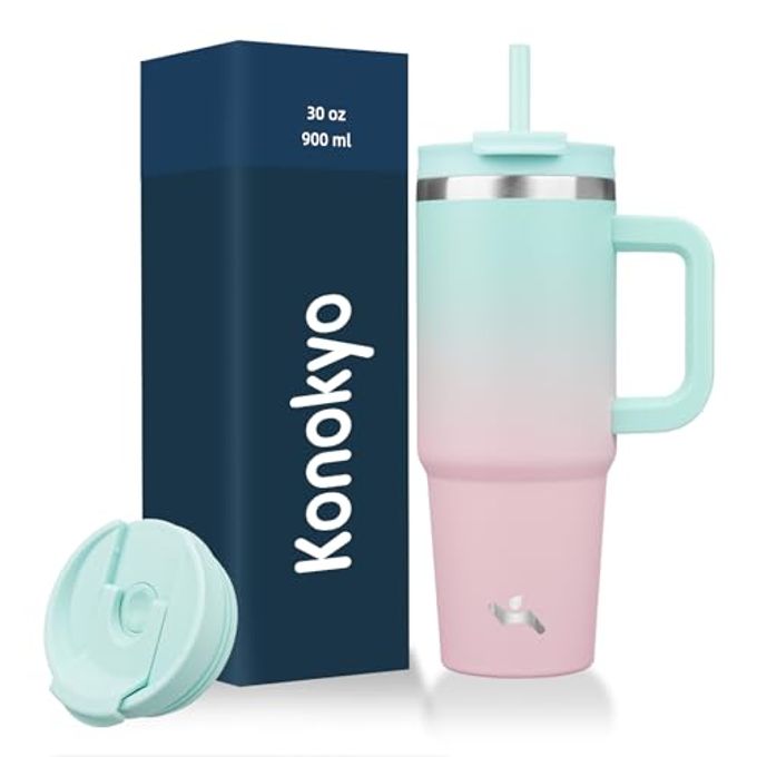 Konokyo 30 oz Tumbler with Handle and 2 Straws,2 in 1 Lid Insulated Water Bottle Stainless Steel Travel Coffee Mug,Gum - Image 1