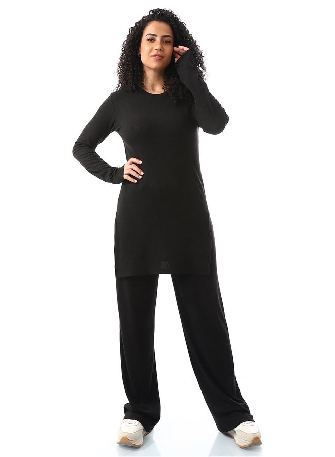 Andora Black Ribbed Casual Tracksuit Set_Black - Image 1
