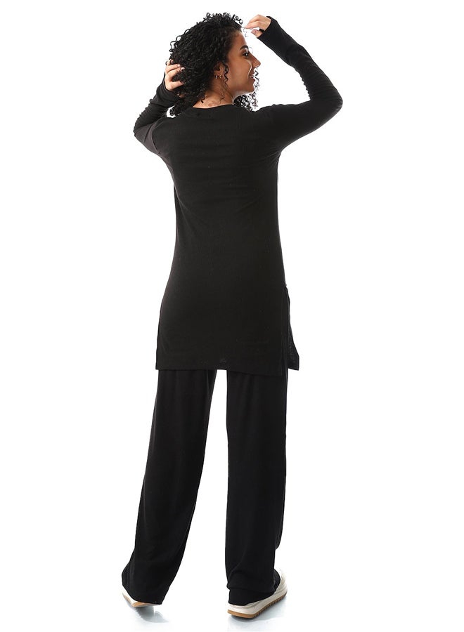 Andora Black Ribbed Casual Tracksuit Set_Black - Image 5