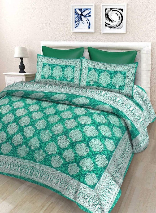 BedZone Floral 100% Cotton Double Bedsheet Jaipuri Printed Bed Cover King Size with 2 Pillow Covers, Green - Image 1