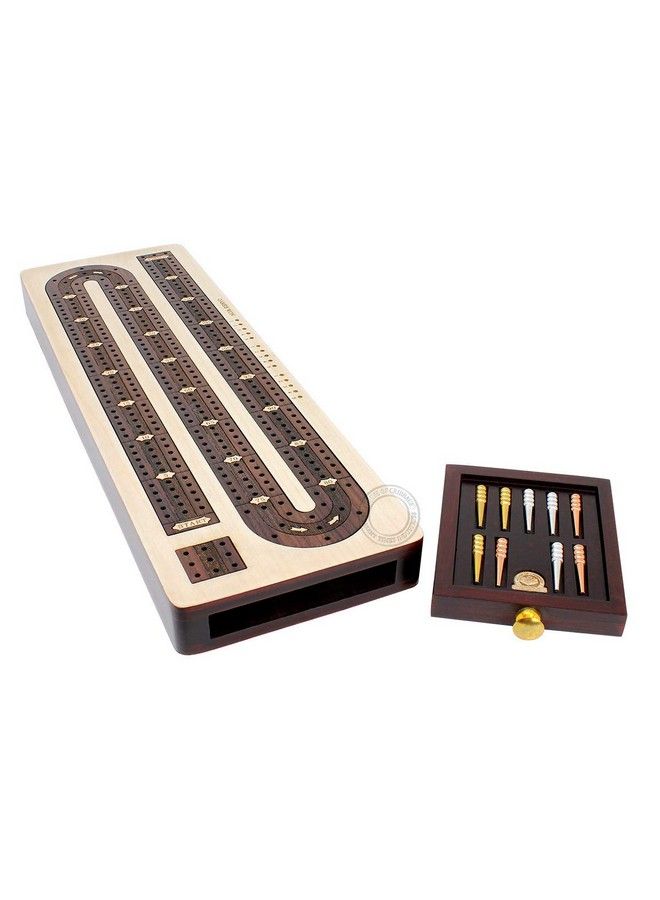 House of Cribbage 3 Track Continuous Cribbage Board Inlaid In Rosewood Maple Wood Size: 12.5 Inches Storage Drawer For Cribbage Pegs - Image 2