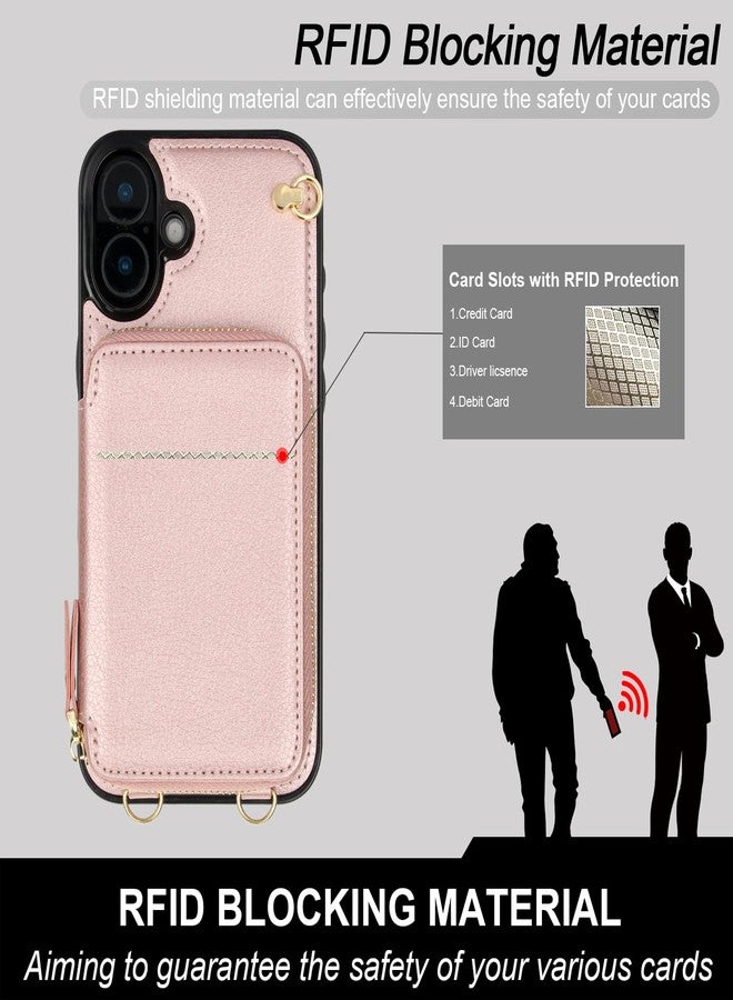 Bocasal Crossbody Wallet Case for iPhone 16 Plus, RFID Blocking Leather Purse Case with Card Holder, Protective Handbag Flip Cover with Zipper Wrist Strap Lanyard for Women 5G 6.7 Inch (Rose Gold) - Image 4