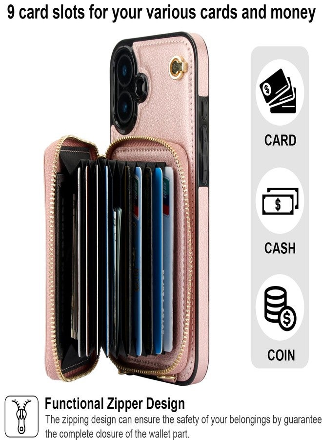Bocasal Crossbody Wallet Case for iPhone 16 Plus, RFID Blocking Leather Purse Case with Card Holder, Protective Handbag Flip Cover with Zipper Wrist Strap Lanyard for Women 5G 6.7 Inch (Rose Gold) - Image 3