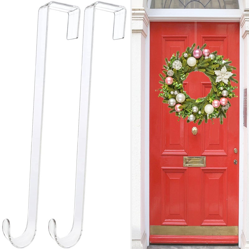 GREAZONE Clear Wreath Hanger Hooks, 15 in, 2 Pack Non Scratch Over The Door Hooks, Fall Halloween Christmas Decorations Indoor Outdoor, Welcome Sign for Front Door Decor - Image 1