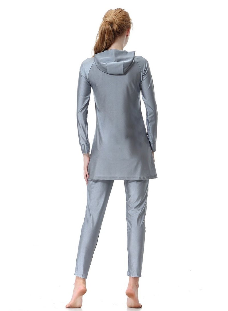 Loquat Womens Highly Elastic Hooded Printed Swimwear Set Conservative Style Long Sleeve Burkini Swimsuit Set Grey  - Image 2