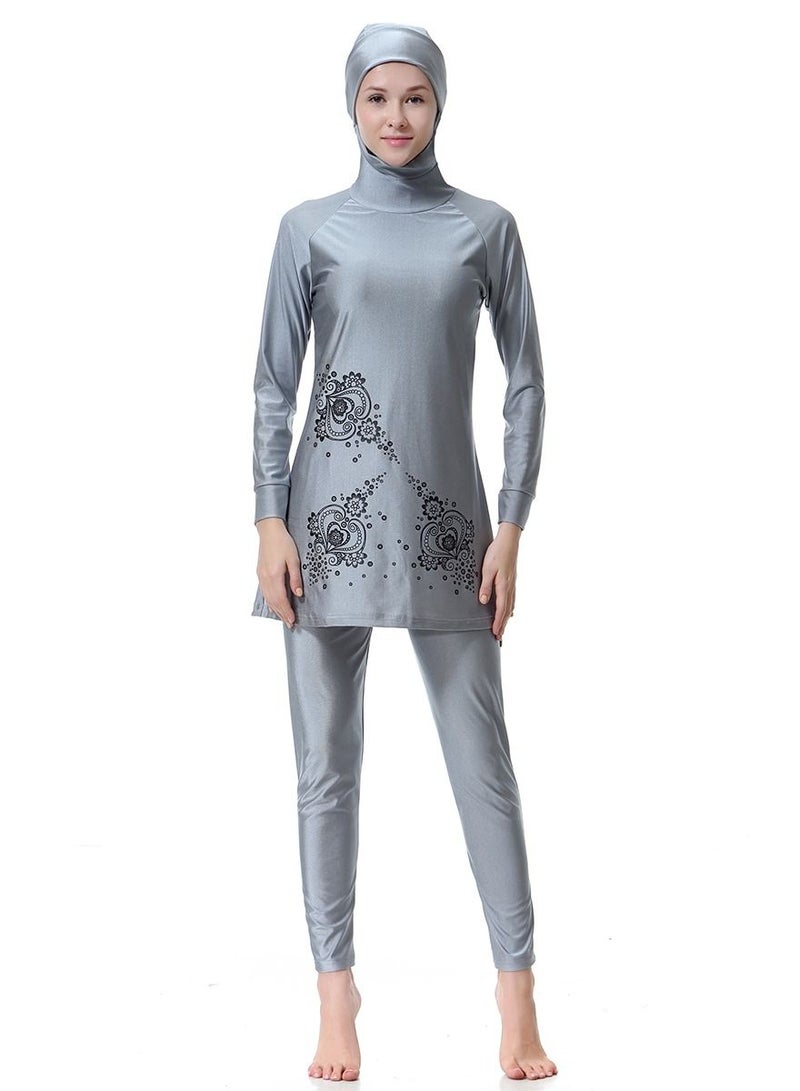 Loquat Womens Highly Elastic Hooded Printed Swimwear Set Conservative Style Long Sleeve Burkini Swimsuit Set Grey  - Image 1