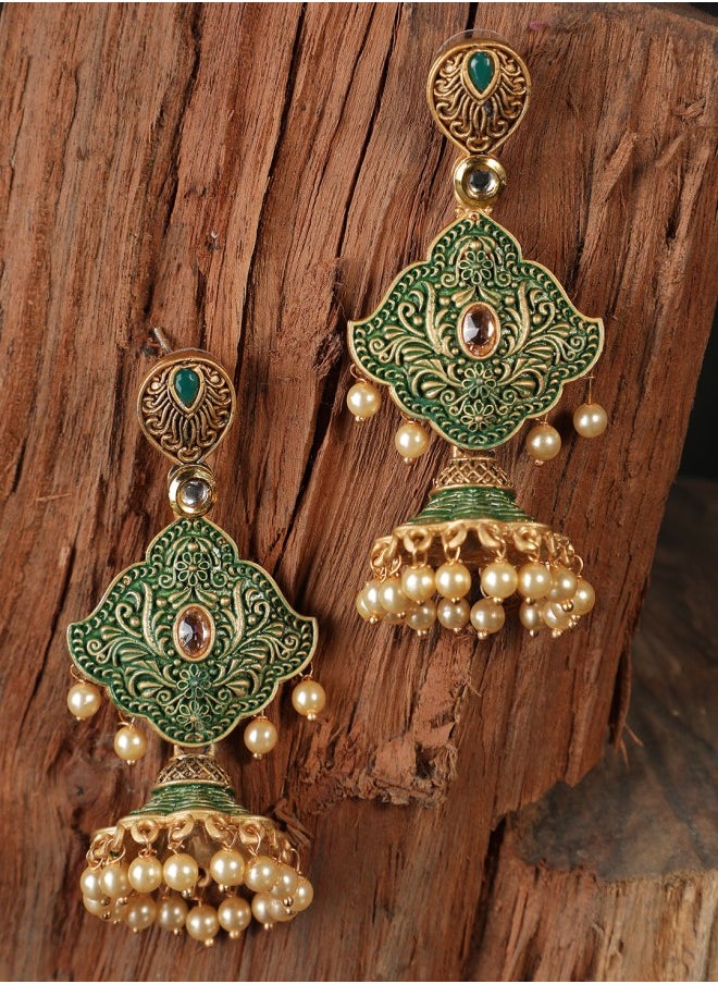 ISHIN Gold-Toned & Green Classic Jhumkas Earrings  - Image 4