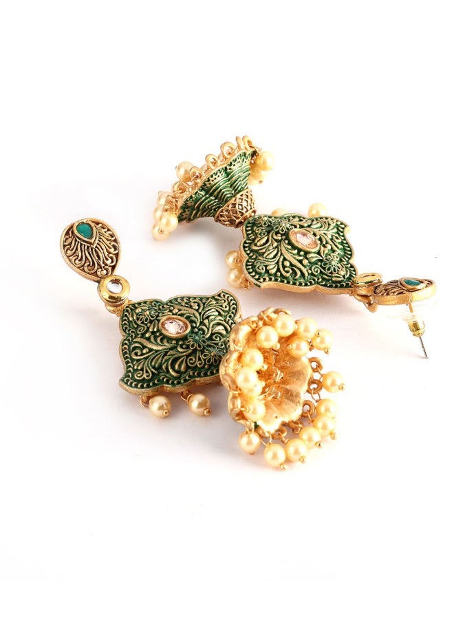 ISHIN Gold-Toned & Green Classic Jhumkas Earrings  - Image 3