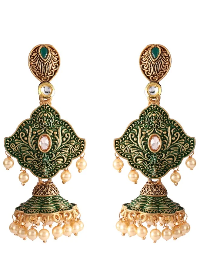 آي شين Gold-Toned & Green Classic Jhumkas Earrings