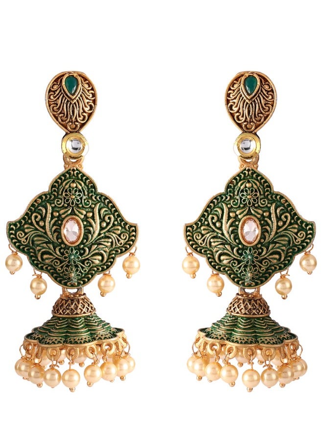 ISHIN Gold-Toned & Green Classic Jhumkas Earrings  - Image 2