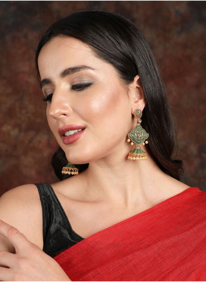 ISHIN Gold-Toned & Green Classic Jhumkas Earrings  - Image 1