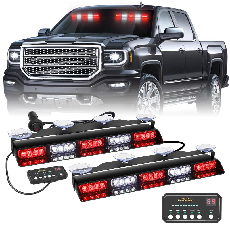 XRIDONSEN 2x 17 inch Red White Emergency Lights for Vehicles 40 LED Emergency Dash lights Interior Front/Rear Windshield Strobe Lights Safety Flashing Warning for Volunteer Firefighter Vehicles Trucks - Image 1