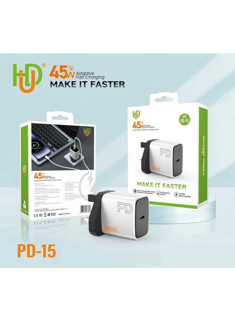 45W GaN USB-C Power Adapter - Fast Charging with PD 3.0 & GaN Technology - PD-15 Model