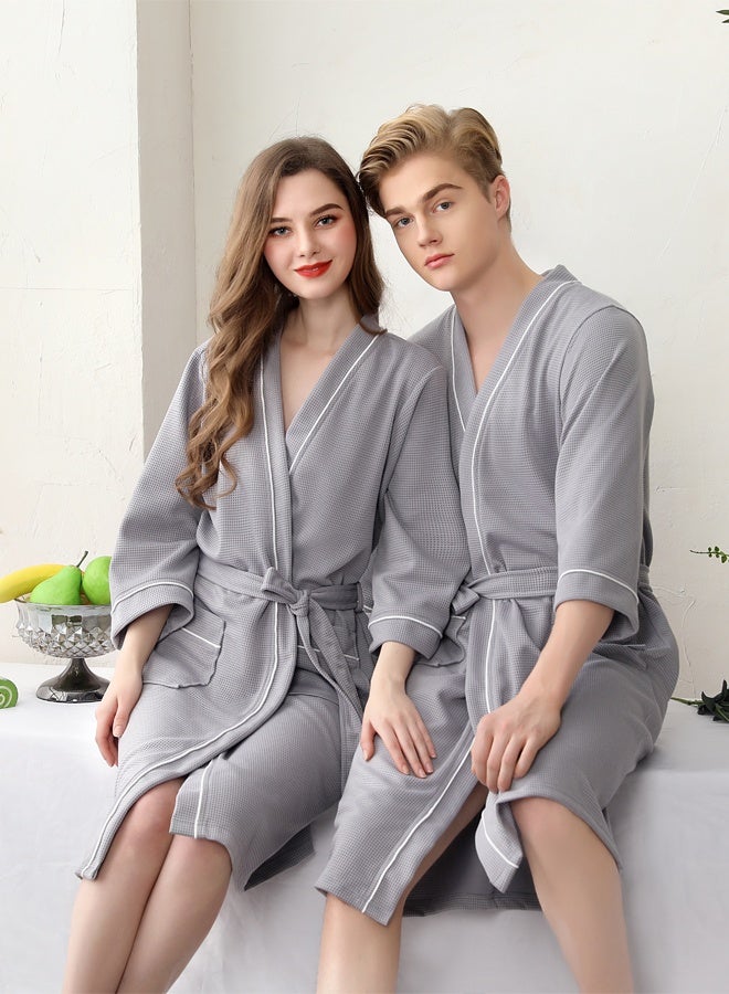 Hanayo Bath Robe Spring and Summer Nightgown Bathrobe For Women & Men V Neck Long Sleeve Sleepwear Waffle Robe Spa Robe Unisex Couple Bathrobe Perfect for Everyday Use(Grey,XL) - Image 3