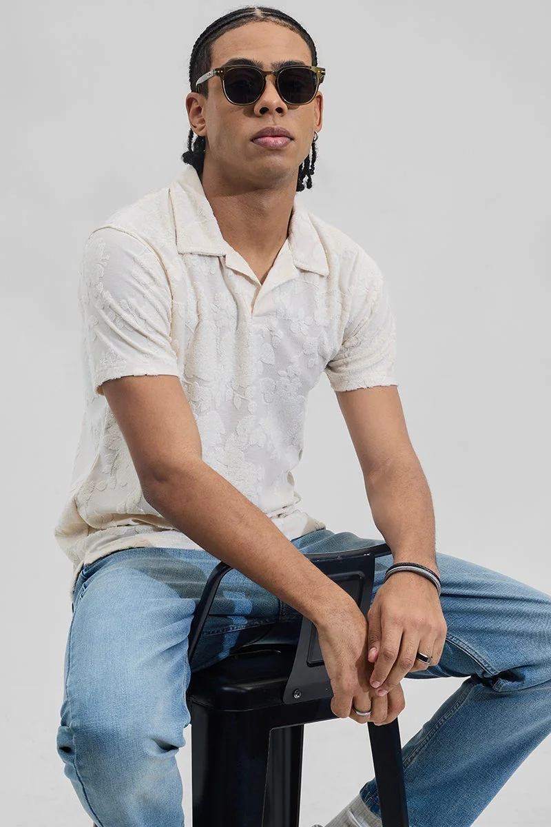 SNITCH Cream Floral Self-Design Polo T-Shirt