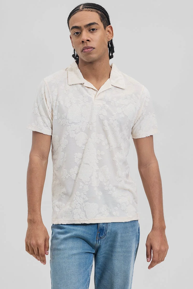 SNITCH Cream Floral Self-Design Polo T-Shirt