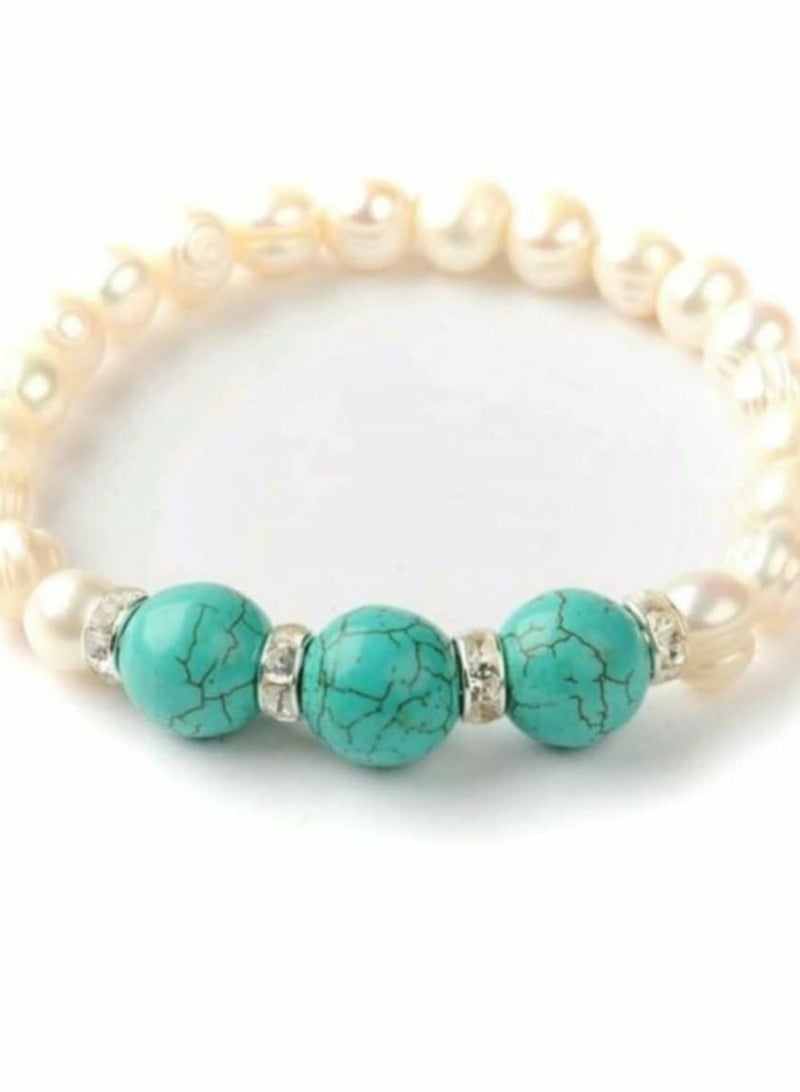 RA accessories Women Bracelet Of Off White Pearls  With Turquoise - Image 1