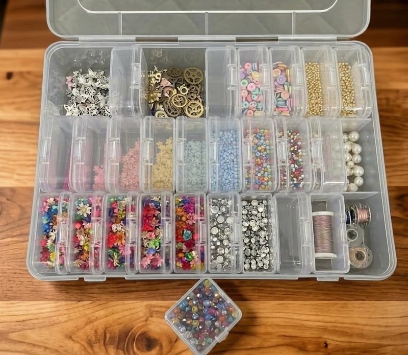 URBAA Plastic Storage Box Set, Clear Containers with Locking Lids, 25 Pieces, 1 Big Container with 24 Small Boxes for Jewellery, Pins and Beads - Image 5