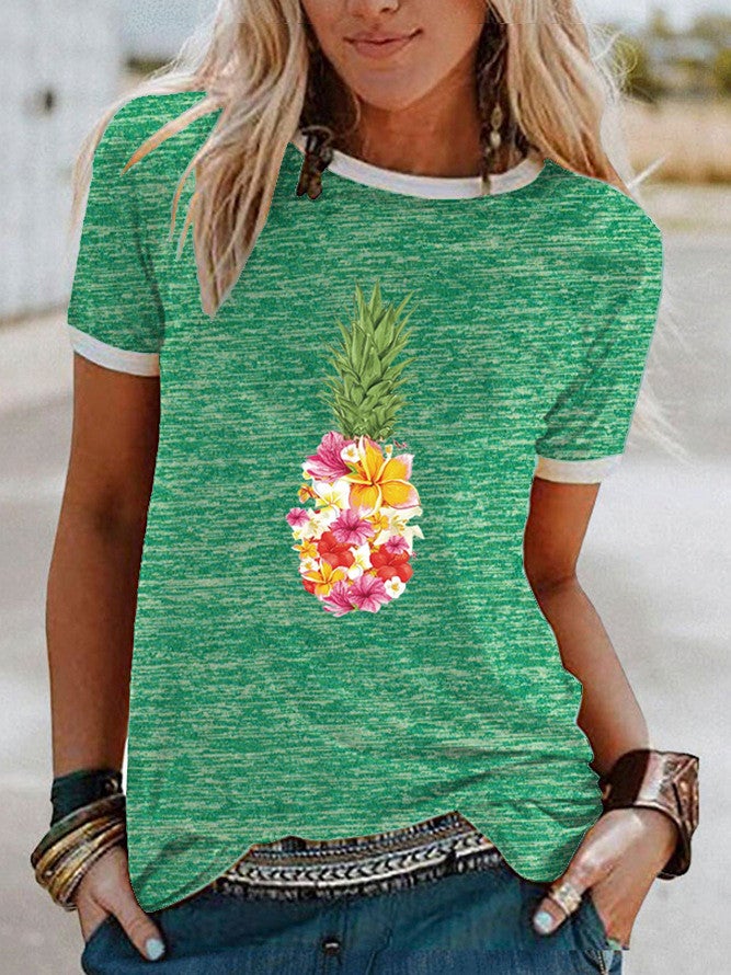 Wish Flower Pineapple Pattern Printed Edge Short Sleeve T-Shirt For Women - Image 1