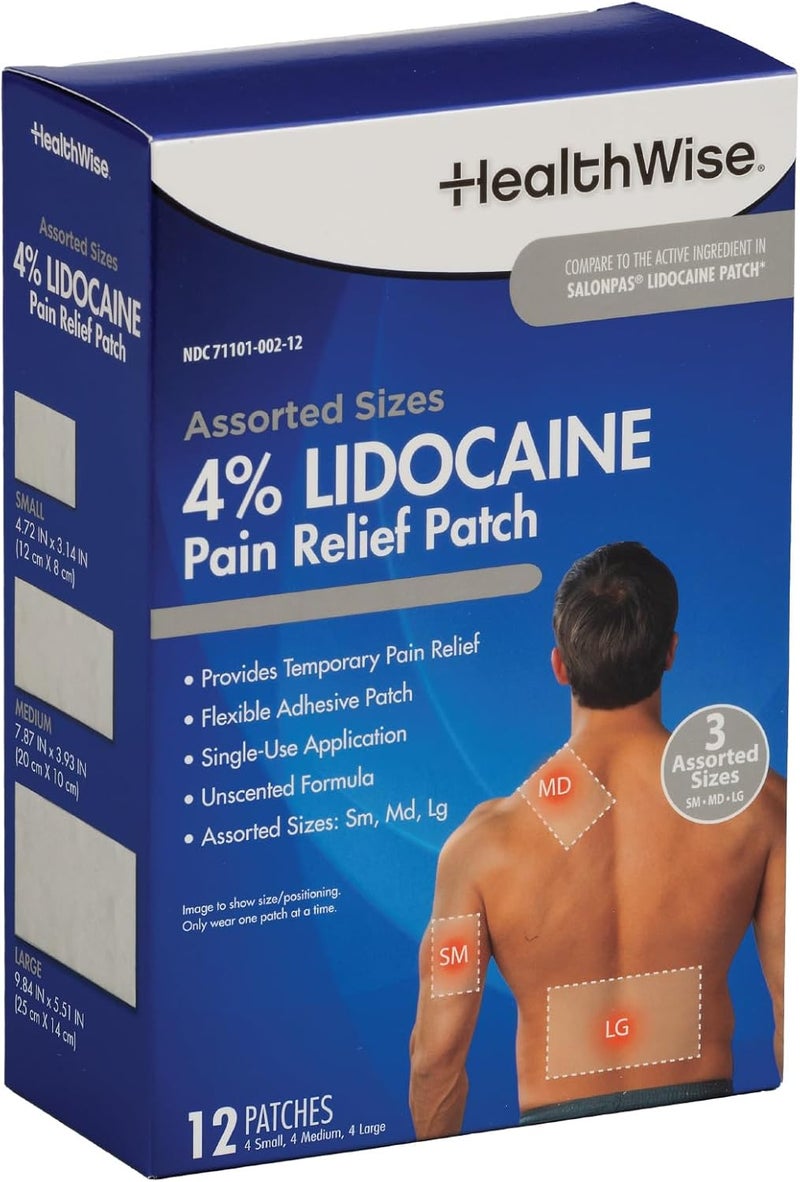 HealthWise لصقة مسكنة للألم من هيلث وايز ليدوكائين 4 OTC ليدوكائين 12 قطعة بأحجام متنوعة تركيبة خالية من البارابين تهدئ بشكل مؤقت الآلام والانزعاجات الطفيفة بدون رائحة تطبيق مرن - Image 1