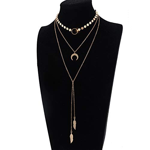 Suyi Stylish Layered Sequins Choker Necklace with Thin Long Chain Pendant for Women Lady (Moon Leaf Gold) - Image 4