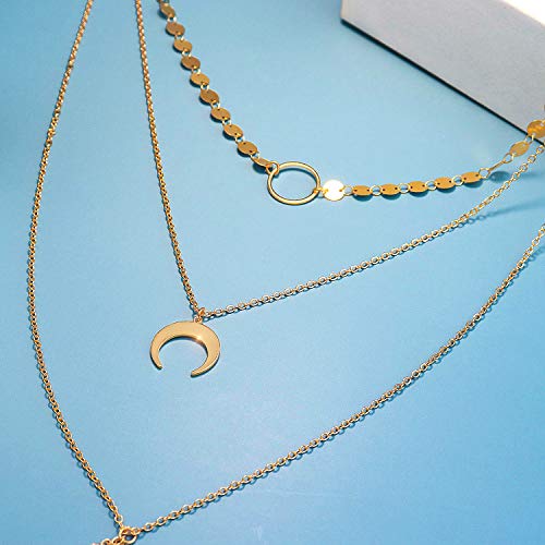 Suyi Stylish Layered Sequins Choker Necklace with Thin Long Chain Pendant for Women Lady (Moon Leaf Gold) - Image 5