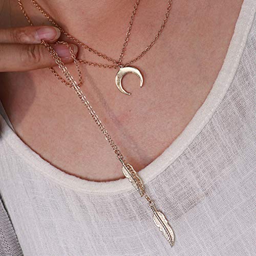 Suyi Stylish Layered Sequins Choker Necklace with Thin Long Chain Pendant for Women Lady (Moon Leaf Gold) - Image 3