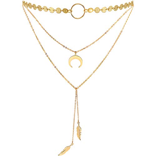 Suyi Stylish Layered Sequins Choker Necklace with Thin Long Chain Pendant for Women Lady (Moon Leaf Gold) - Image 1
