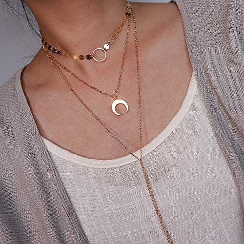 Suyi Stylish Layered Sequins Choker Necklace with Thin Long Chain Pendant for Women Lady (Moon Leaf Gold) - Image 2
