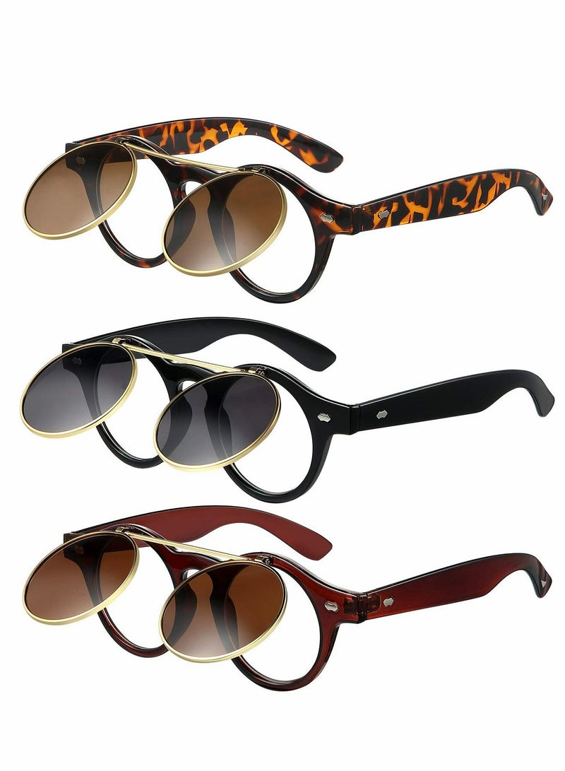 Excefore نظارات شمسية قابلة للطي بتصميم دائري ريترو بتصميم Steampunk للحفلات، 3 أزواج - Image 1