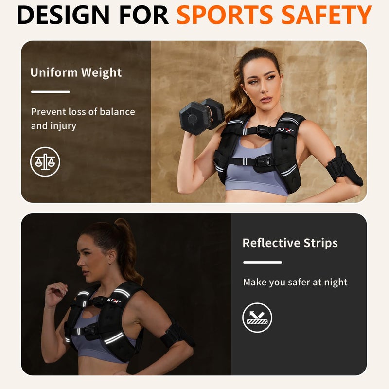 FUFF Weighted Vest Woman, 12 LB Womens Weight Vest for Walking, Strength Training Weight Vests for Female Men, Reflective Stripe Fitness Body Vest for Workout Running Jogging (Black) - Image 4
