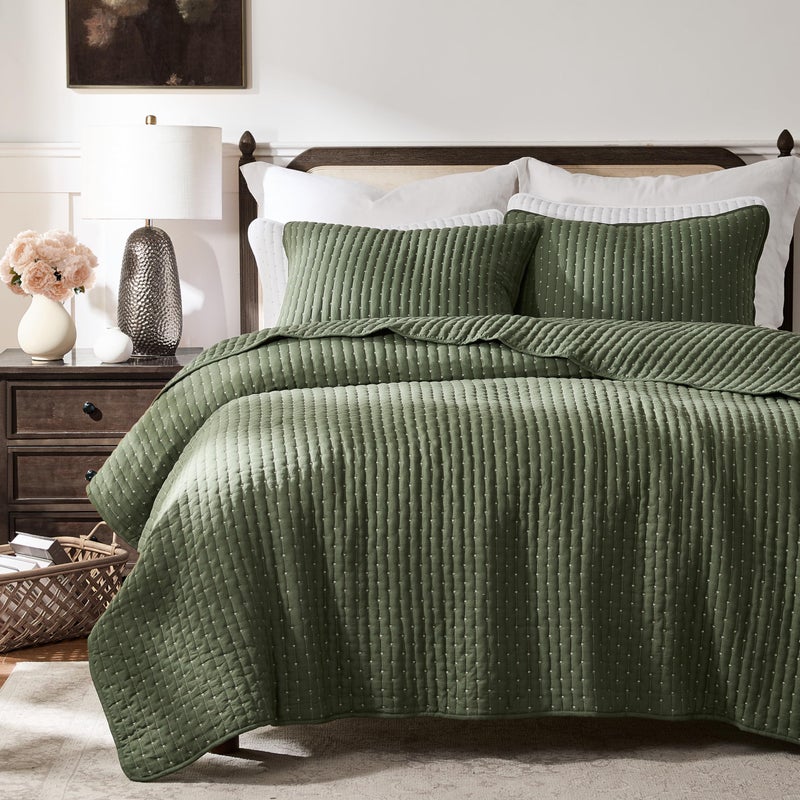WDCOZY Olive Green Cross Stitch Queen Size Quilt Set, Striped Lightweight Soft Bedspread, Channel Farmhouse Rustic Coverlet, All Season Country Bedding, Thin Comforter - Image 1