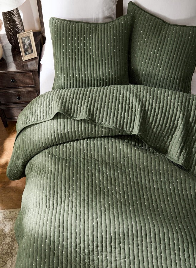 WDCOZY Olive Green Cross Stitch Queen Size Quilt Set, Striped Lightweight Soft Bedspread, Channel Farmhouse Rustic Coverlet, All Season Country Bedding, Thin Comforter - Image 2